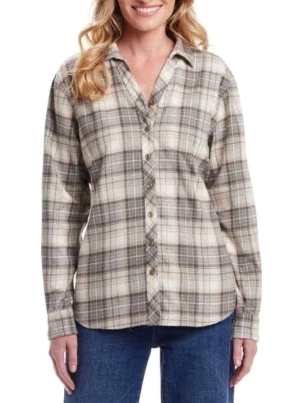 NWT Weatherproof Vintage Women's S Green Beige Plaid Button-Up Shirt Long Sleeve